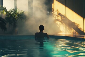 Poster - A person lounging in a pool on a sunny day, enjoying the warmth and relaxation