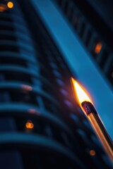 Poster - A single lit matchstick is placed in front of a tall building, ready to be blown out or potentially start a fire