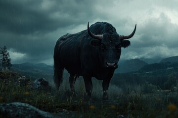 Poster - A solitary black bull stands proudly on the lush green grass, looking out at the scenery