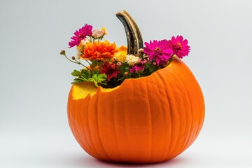 Poster - A decorative pumpkin with flowers arranged around it, perfect for autumn or fall themed events