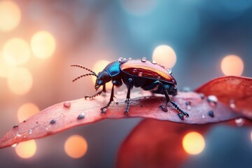 Wall Mural - Colorful beetle crawling on a vibrant leaf under shimmering lights in a natural setting