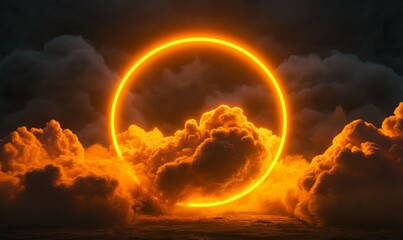 Wall Mural - Cloud Formation Illuminated with Orange and Yellow Fluorescent Light. Dark Environment with Circle shaped Neon Frame.