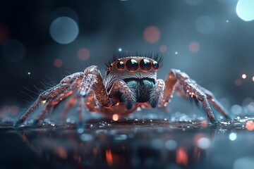 Poster - Close-up view of a colorful spider showcasing intricate details on a glossy surface during nighttime