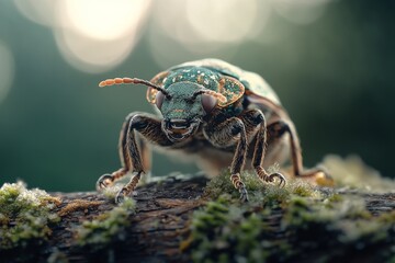 Poster - Close-up view of a vibrant beetle perched on a moss-covered log in a sunlit forest