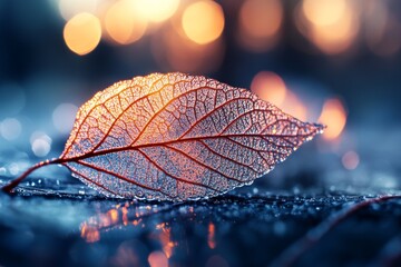 Poster - Frost-covered leaf glistens in the early morning light with soft bokeh background