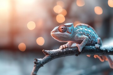 Wall Mural - Colorful chameleon perched on a branch surrounded by soft bokeh lights in a natural setting