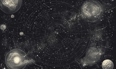 Wall Mural - complex celestial map drawn in pencil, intricate constellations and star positions, subtle gradients