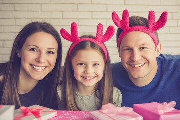 Wall Mural - Young parents and their daughter are celebrating New Year in their home, capturing a festive family indoors scene..A joyful family, comprised of a young father, mother, and daughter, is marking New