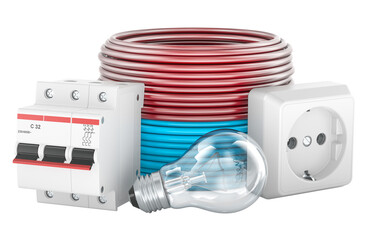Poster - Electric cable, light bulb, circuit breaker and socket. Electric components. 3D rendering isolated on transparent background