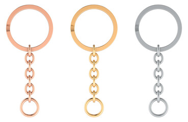 Poster - Split Keyrings with Chain Keychain Ring, Silver, golden and copper colors. 3D rendering isolated on transparent background
