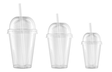 Poster - Clear Plastic Cups With Dome Lids with straws. Small, medium and large size. 3D rendering isolated on transparent background