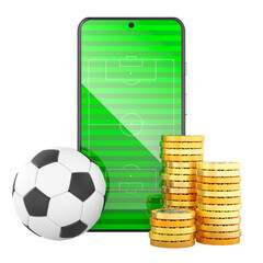 Poster - Smartphone with soccer ball and golden coins. Online sport bets, betting concept. 3D rendering isolated on transparent background