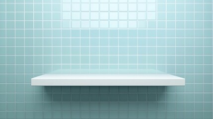 Canvas Print - A white shelf on a pastel blue wall adorned with a square tile pattern. This interior product podium for a bathroom or kitchen is illustrated in a realistic 3D modern scene, featuring an empty