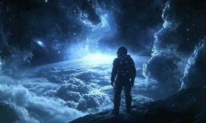 Wall Mural - astronaut standing on a surface overlooking a planet and space with stars and clouds. futuristic spa