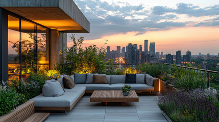 Wall Mural - Modern rooftop terrace with lush greenery and city skyline at sunset