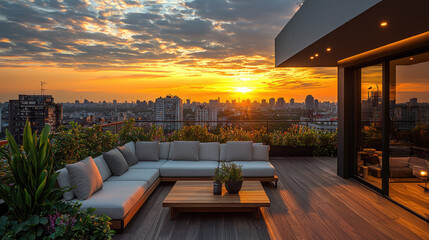 Wall Mural - Modern rooftop terrace with cozy sofa and stunning urban sunset view in cityscape