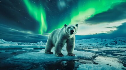 Sticker - Silhouetted against the luminous aurora borealis, a polar bear is visible.