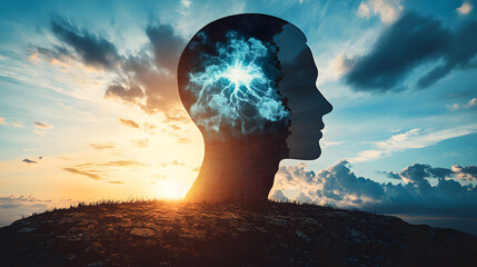 silhouette of a head against a sunset, with a glowing, neural network-like image inside. represents 