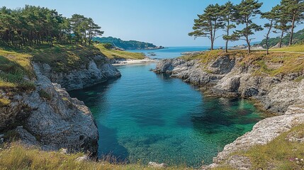 Secluded cove with crystal-clear turquoise water, surrounded by rocky cliffs and lush greenery under a bright sunny sky.