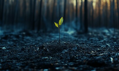 Wall Mural - Forest burnt to ash, with a single green sapling growing in stark contrast.