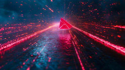 Poster - A futuristic, neon-lit highway stretches into the distance, glowing with vibrant pink and blue hues. A crimson pyramid-shaped object sits in the center, adding a mystical element to the scene.