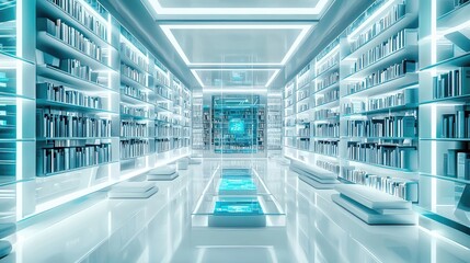 Poster - Futuristic library with glowing shelves and digital elements