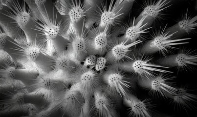 Close-up of a cactus spine cluster, textures of the plant's surface and sharp contrast with shadowed areas.