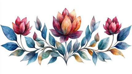 Wall Mural - Watercolor floral arrangement with stylized lotus flowers and leaves on white background.