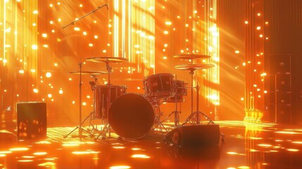 A glowing drum set in a bright rehearsal space, an artist crafting rhythms as sunlight reflects off cymbals