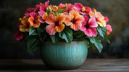 Canvas Print - Vibrant hibiscus flowers in a teal pot on a wooden table.