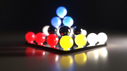 Poster - Colorful spheres arranged in a pyramid shape on a reflective black surface.  The vibrant colors and glossy finish create a visually striking image.