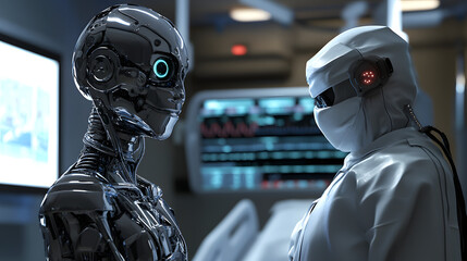 Poster - A futuristic medical scene depicts a sleek chrome robot interacting with a doctor in a sterile, high-tech hospital setting.