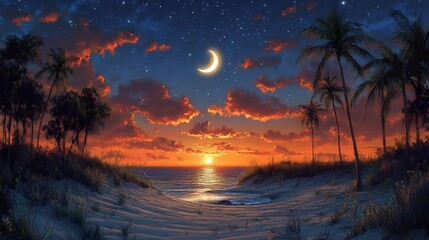 Canvas Print - Sunset over tropical beach at night with crescent moon and stars.