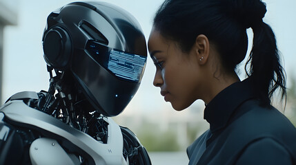 Poster - Close-up of a woman and a futuristic robot facing each other.  Their foreheads almost touch, suggesting connection or understanding. The scene is set against a blurred city backdrop.