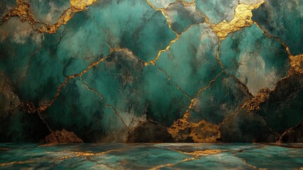 Poster - Teal and gold marble texture background.