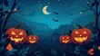 © Peter@studio5 - A whimsical Halloween scene with glowing jack-o'-lanterns, bats, and a crescent moon against a dark, starry backdrop.
