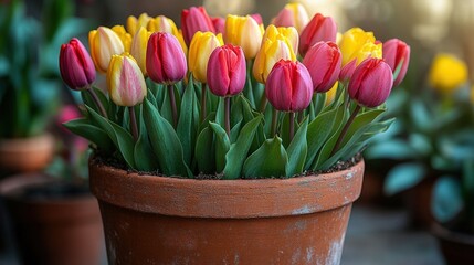 Wall Mural - Vibrant pink and yellow tulips in a terracotta pot.