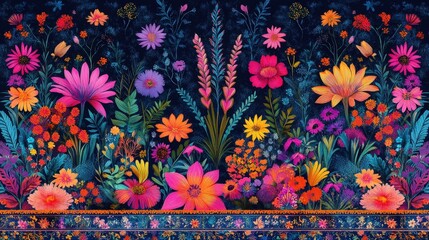 Canvas Print - Vibrant floral border with diverse blooms on dark background.