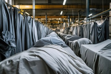 Poster - Textiles draped over machinery in a manufacturing facility during daytime