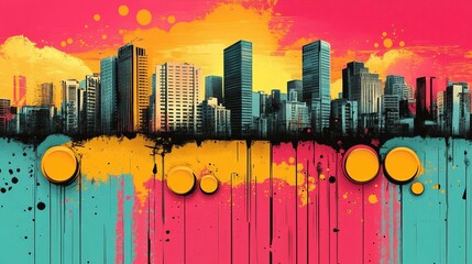 Poster - Vibrant cityscape illustration with paint splatters.