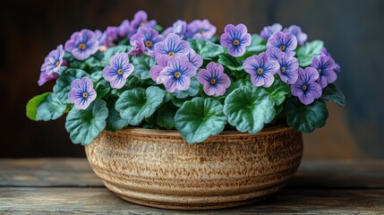 Canvas Print - Vibrant purple flowers in a rustic brown pot on a wooden surface.