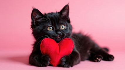 Wall Mural - a black kitten holds a red heart against a solid pink background. concept of valentine's day charm.