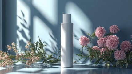 Canvas Print - White cosmetic bottle mockup surrounded by pink flowers and leaves, bathed in sunlight.