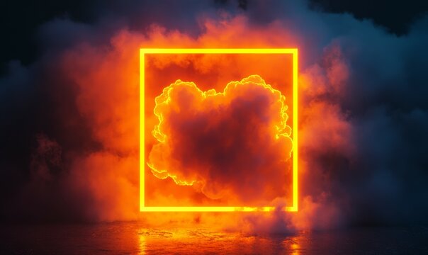 Orange and Yellow Neon Light with Cloud Formation. Square shaped Fluorescent Frame in Dark Environment.