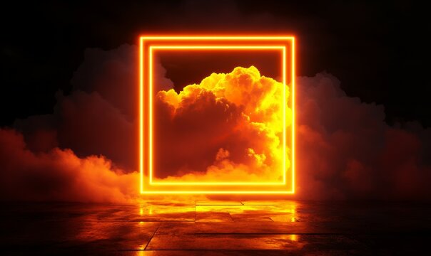 Orange and Yellow Neon Light with Cloud Formation. Square shaped Fluorescent Frame in Dark Environment.