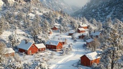 Wall Mural - Snow-covered red houses in a mountain valley.