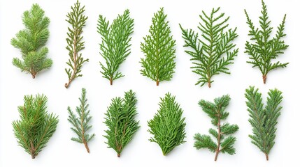 Collection of various evergreen tree sprigs on white background.