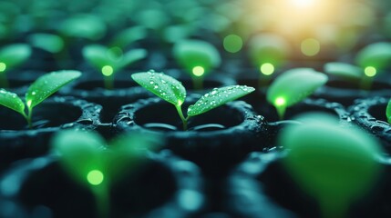 Wall Mural - Fresh green seedlings with droplets of water, thriving in black pots, illuminated by soft sunlight, symbolize new beginnings and growth.