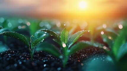 Wall Mural - A close-up view of young green plants with water droplets, basking in sunlight, symbolizing growth and renewal in a vibrant, fertile environment.