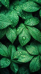 Wall Mural - Lush green leaves adorned with droplets, showcasing nature's vibrant beauty and freshness.